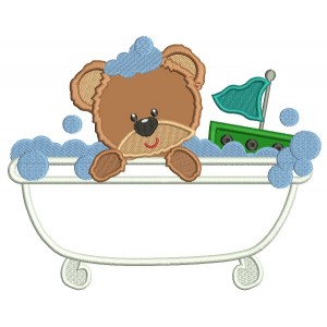 Baby Bear Playing In a Bathtub Applique Machine Embroidery Design Digitized Pattern
